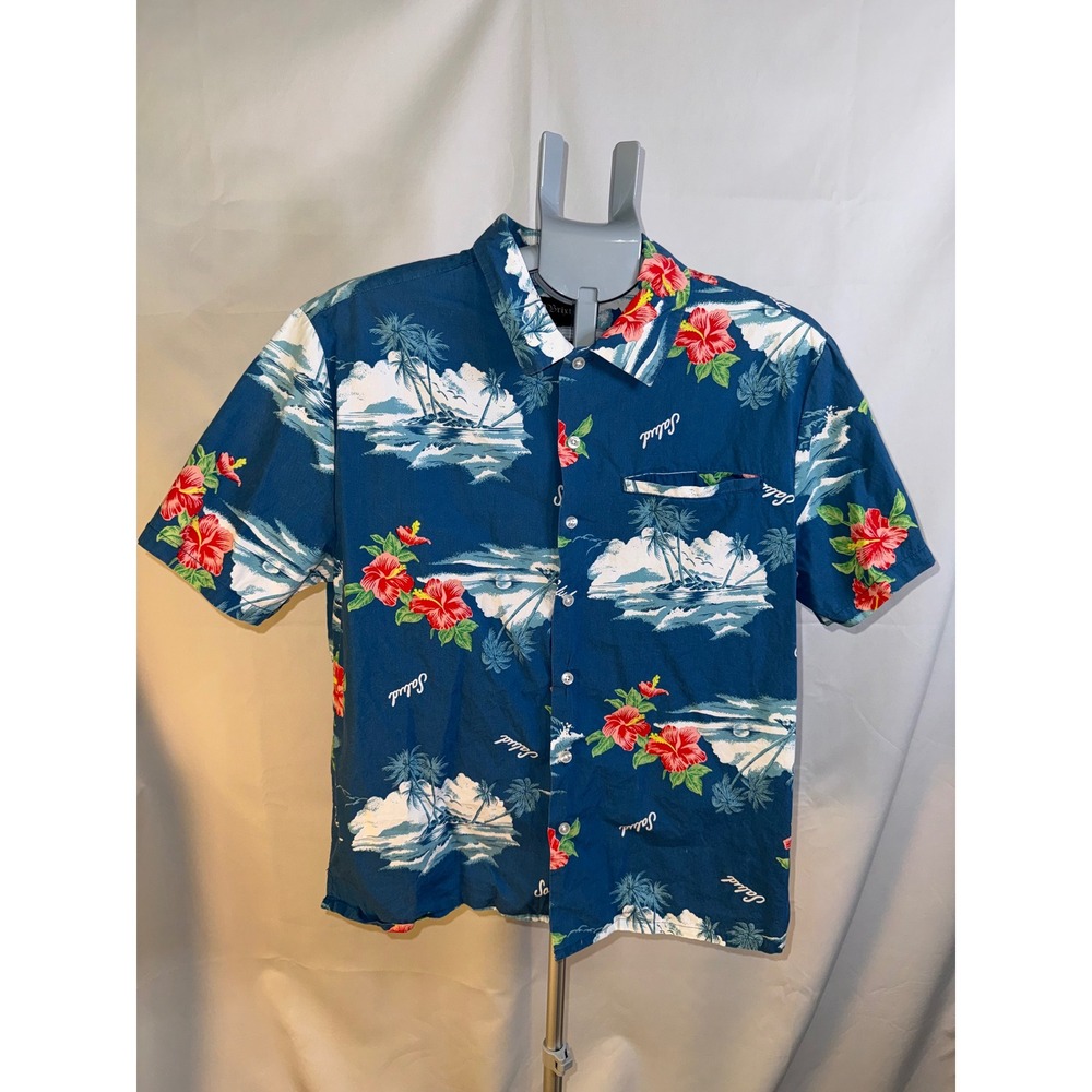 Brixton Salud Mens Blue Tropical Hibiscus Short Sleeve Button Up Shirt S